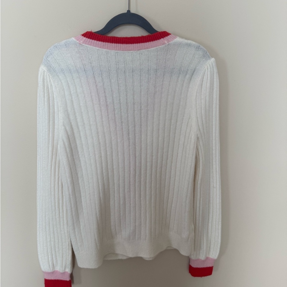 LOFT Ribbed V-Neck Cardigan Cream Pink Red/Orange Colorblock Trim Size Medium - Picture 3 of 9